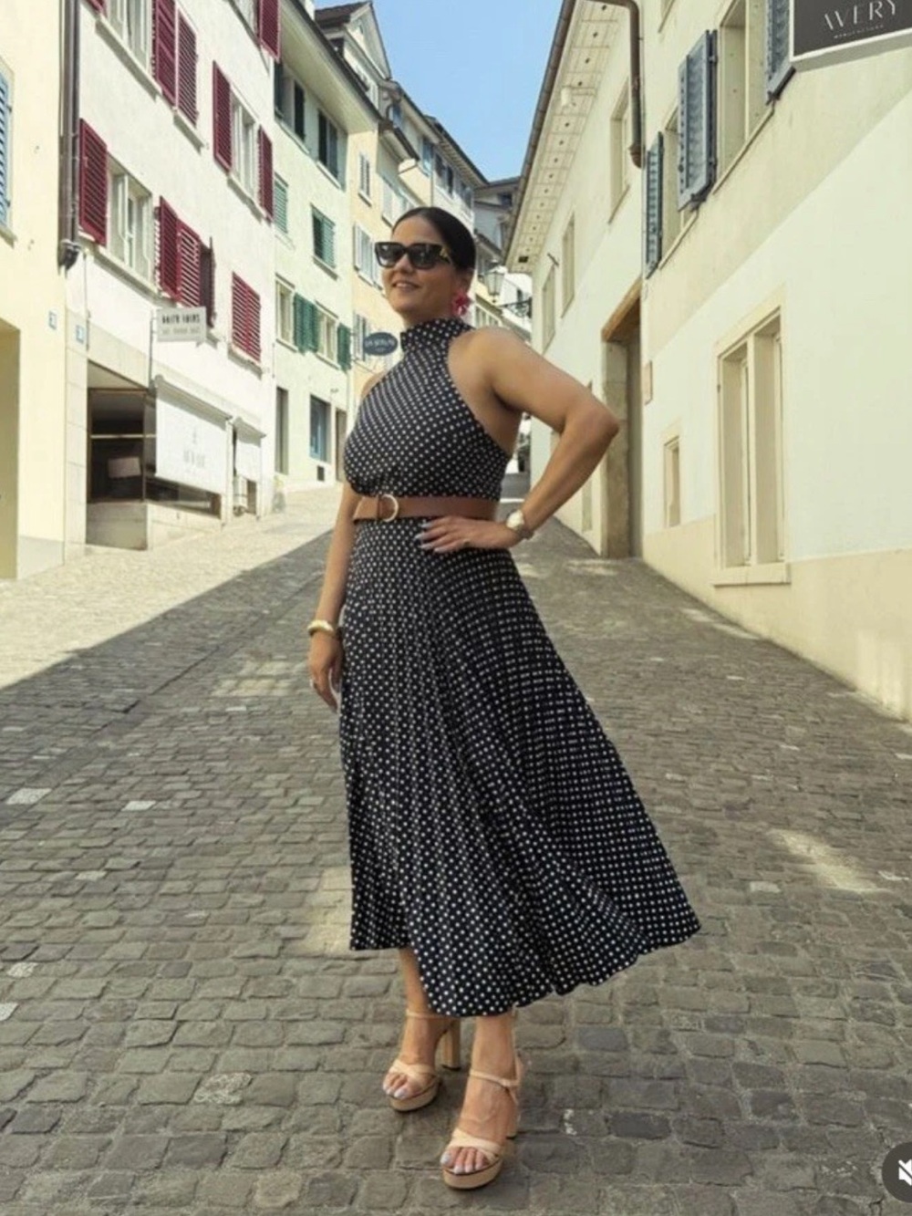 ZARA Navy Polka Dot Halter Maxi Dress with Brown Belt - Picture 6 of 13